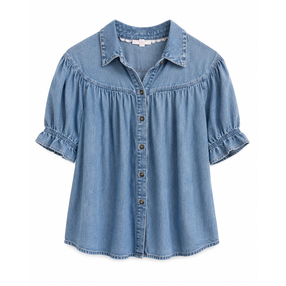 Jane + Delancey Chambray Puff Sleeve Button Front Top XS